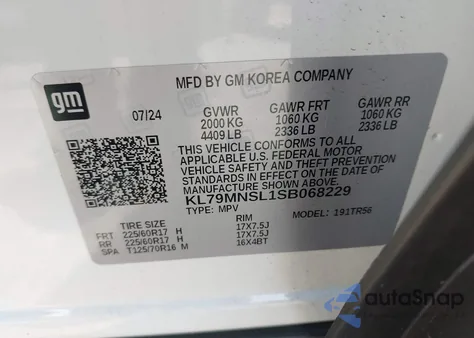 2025 Chevrolet Trailblazer Awd Ls из США, поврежденный, VIN KL79MNSL1SB068229